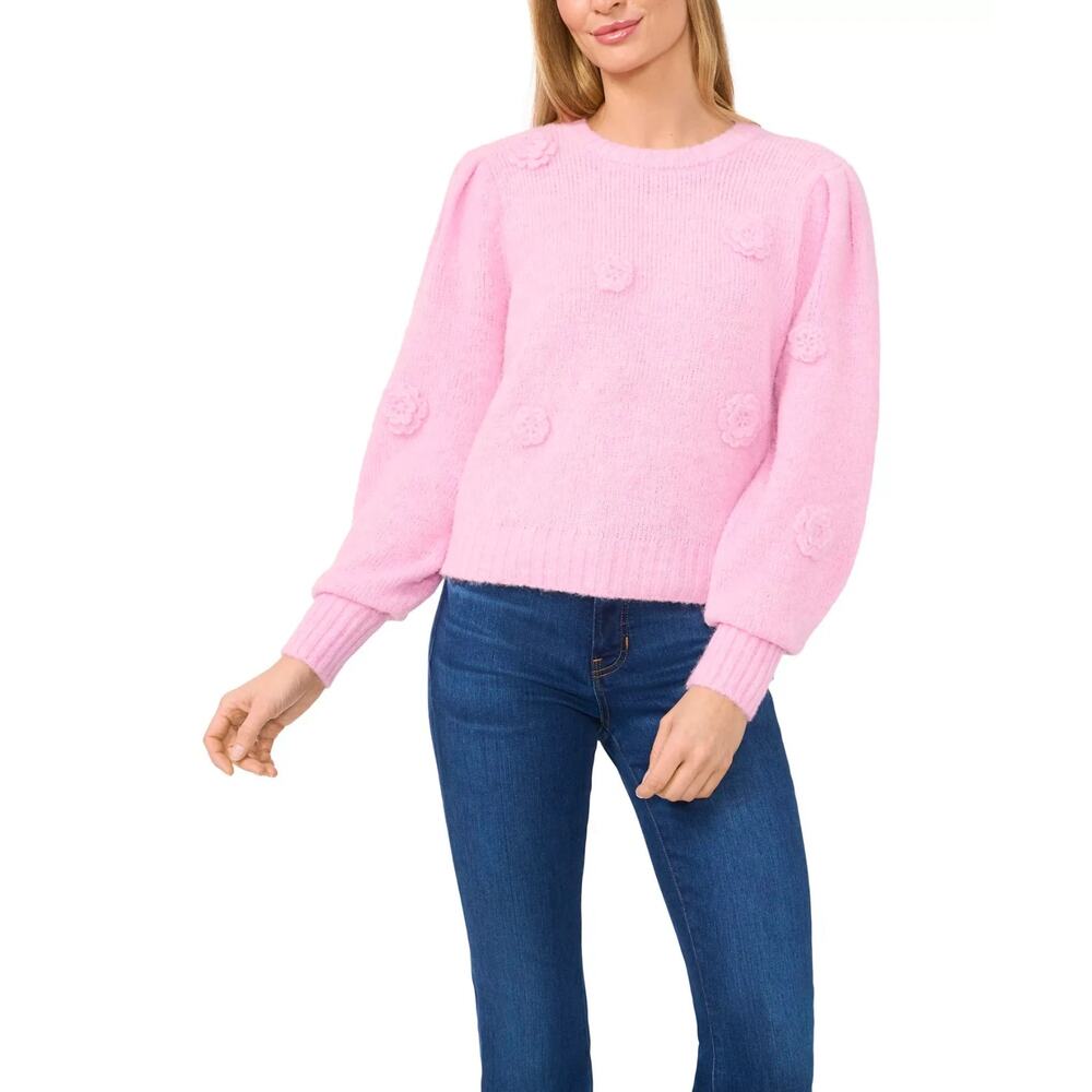 CeCe Women's Pink 3D Floral Applique Sweater Pink Size L 1662